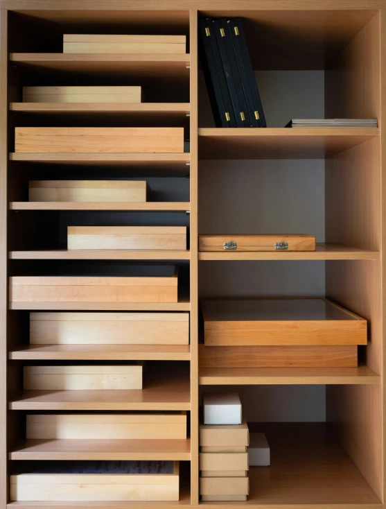 shelves in an unfinished room with books and binders