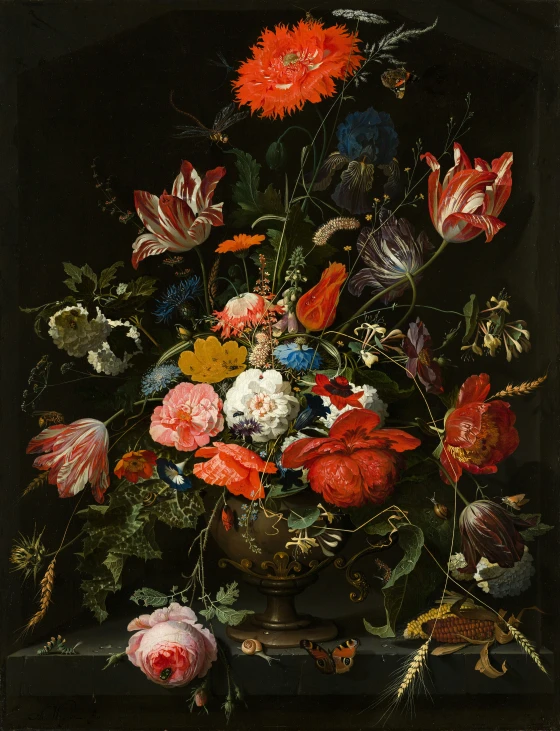 painting showing colorful flowers in a vase on a table