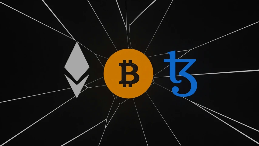 ether, bitcoin and ether's currency exchange logo against a dark background