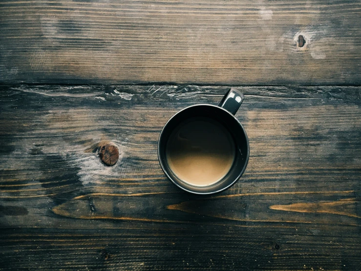 a cup of coffee placed on a wooden table