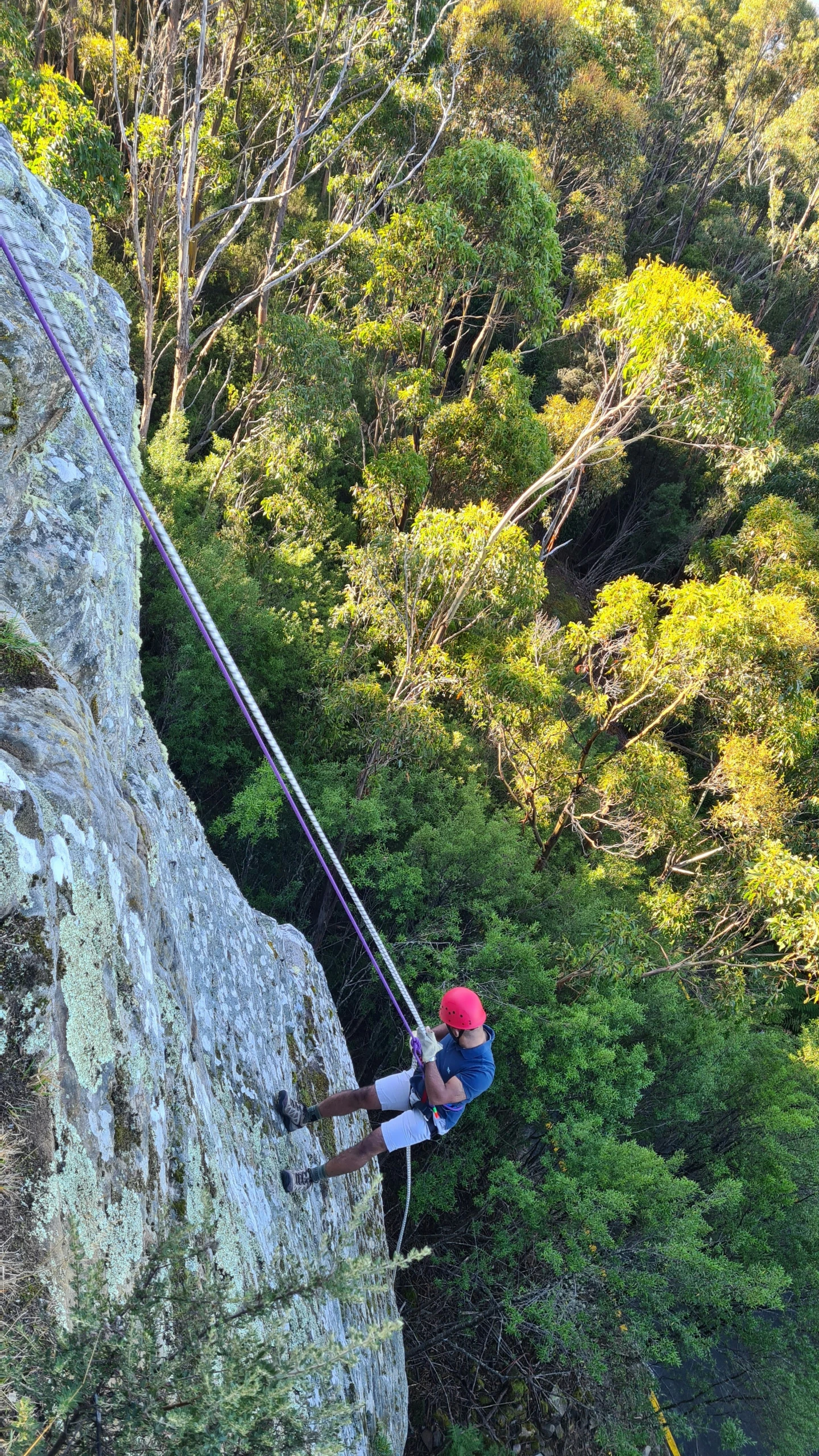 the climber is climbing a tall rock wall