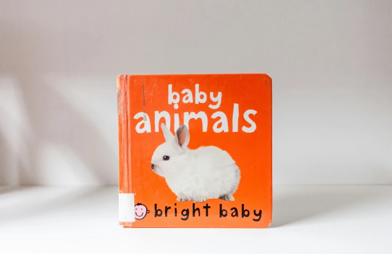 there is a bright orange book that says, baby animals