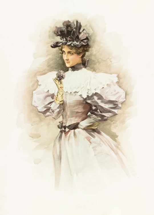 this watercolor painting depicts a victorian woman in period dress