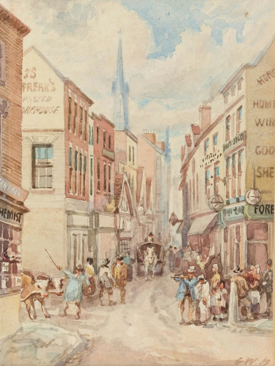 an antique painting of a city street with pedestrians