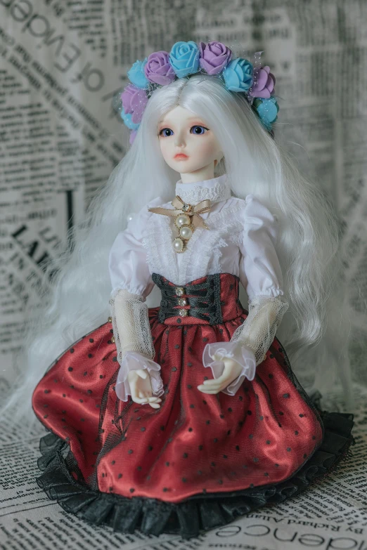 a little doll that is dressed up and sitting on some newspaper