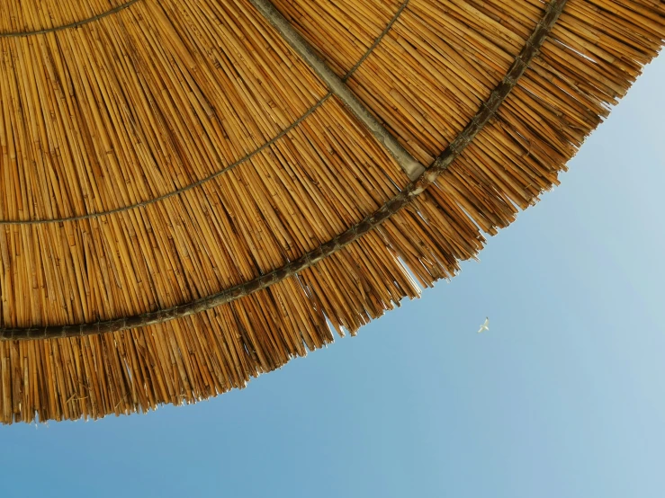the underside of a large straw umbrella that looks like it has no roof
