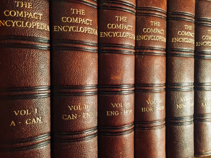 old leather books that are lined up with words on them