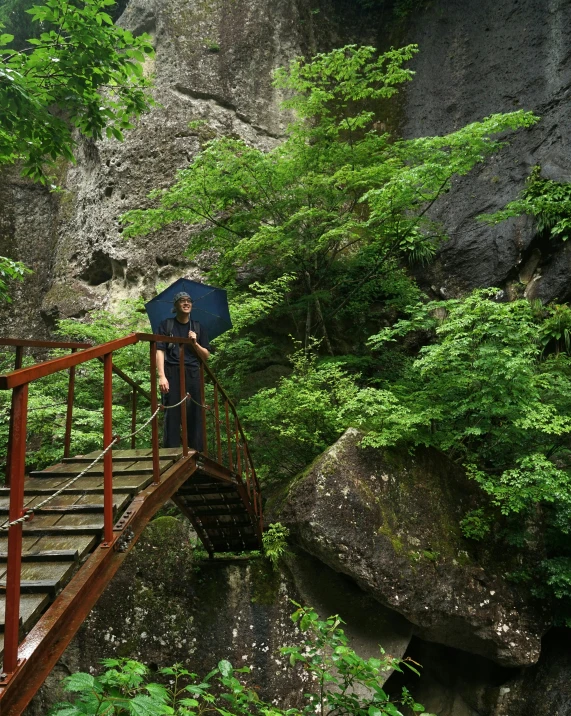 a woman holding an umbrella standing on a wooden bridge