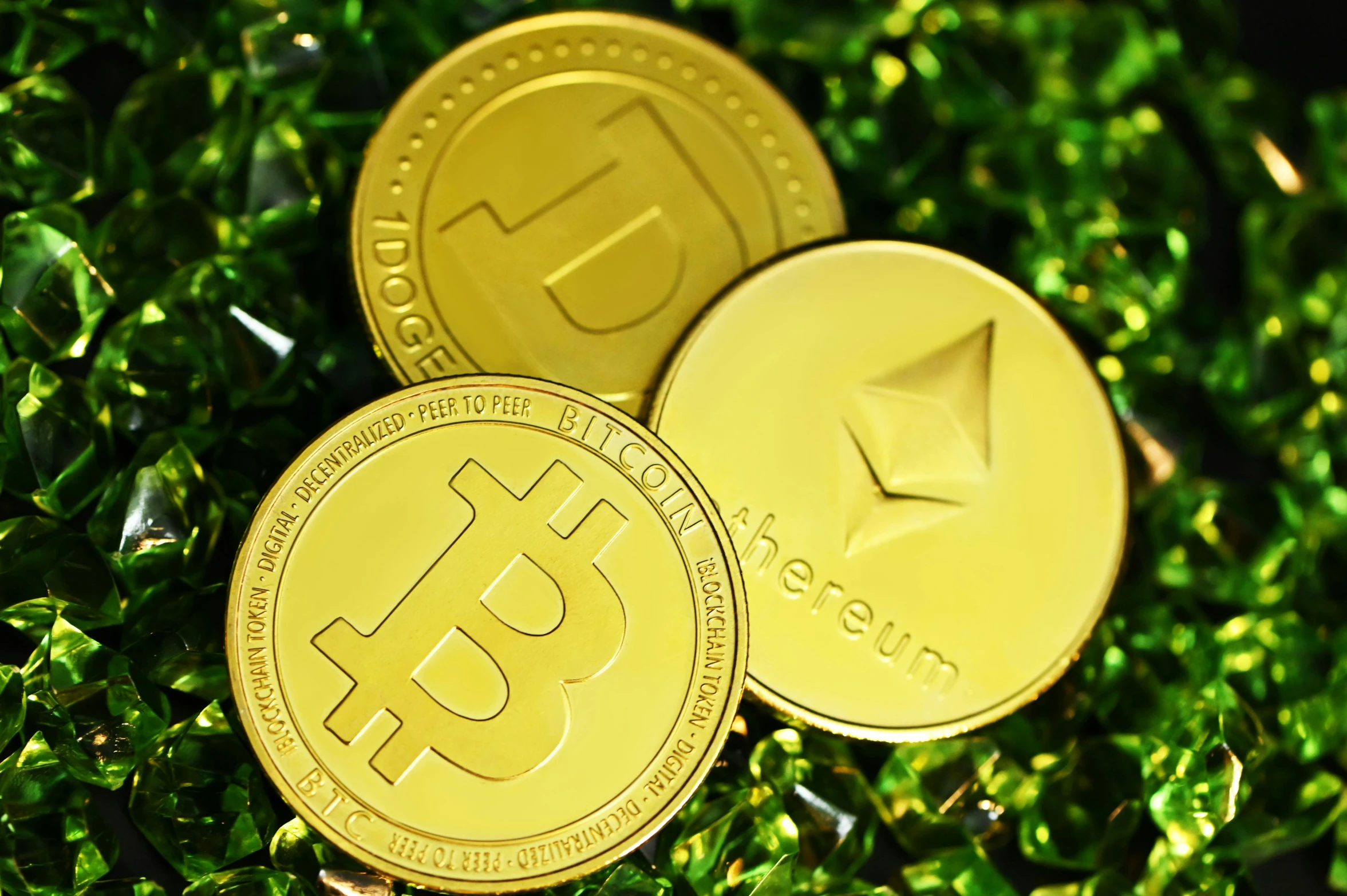 two golden bitcoin crypts on green grass