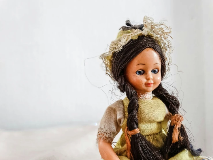 doll sitting on a bed dressed in green and yellow