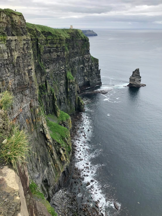 the cliffs are steep and on far off the ocean