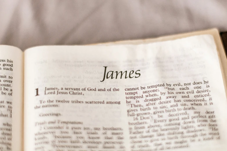 a close up of a book with the text james written in it