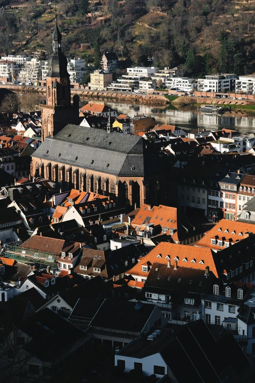 an aerial view of a city is shown with buildings