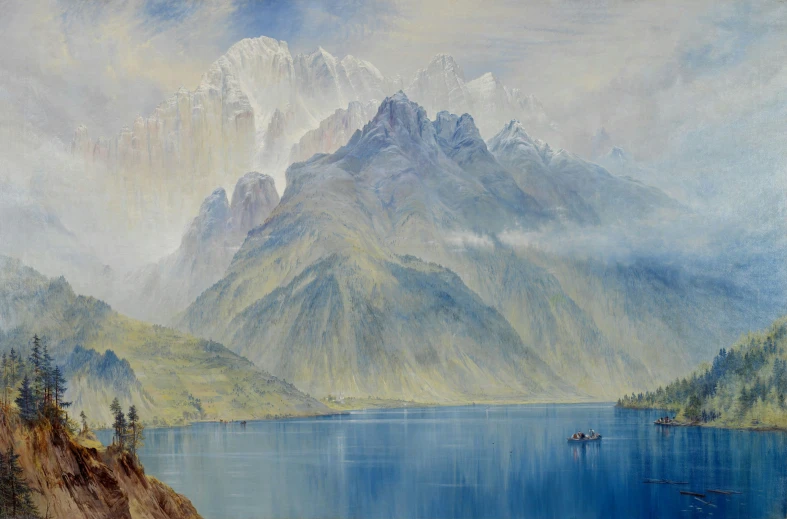 an impressionist of a painting of mountains on a lake