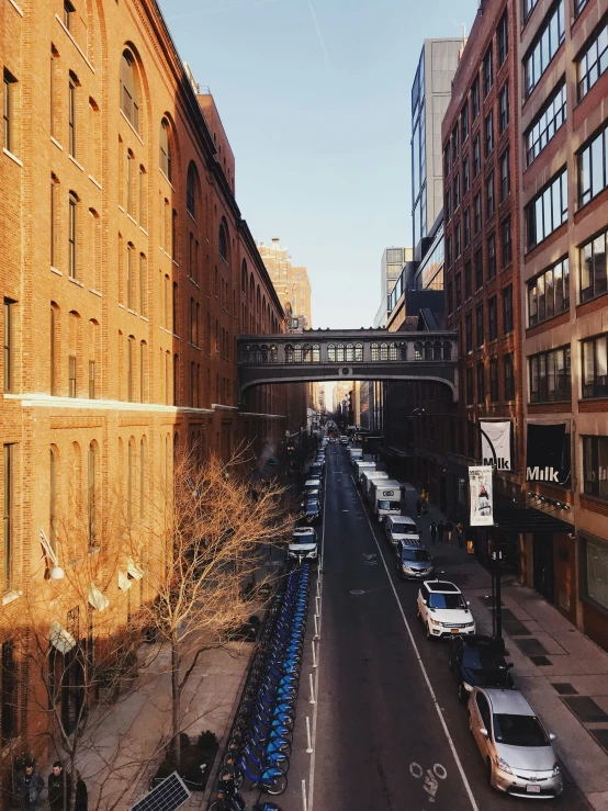 cars are lined up along an empty street