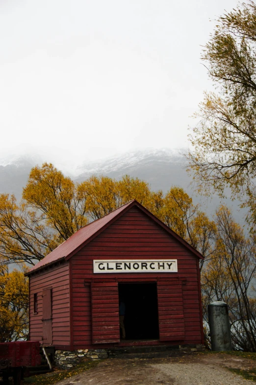 a barn with the word, glenochy written on it's side