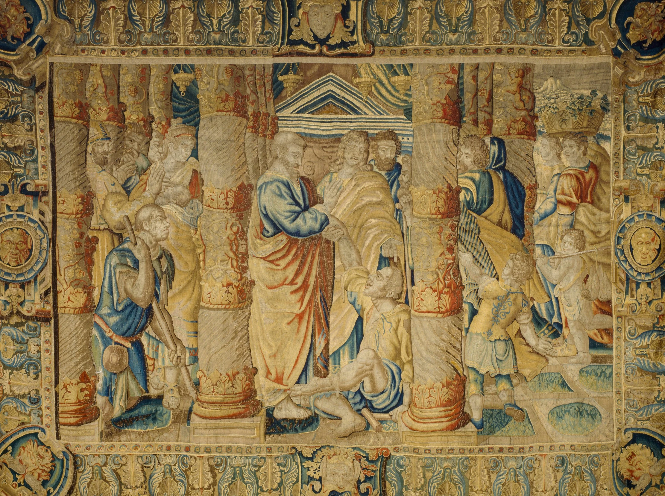 a tapestry with an image of a group of people
