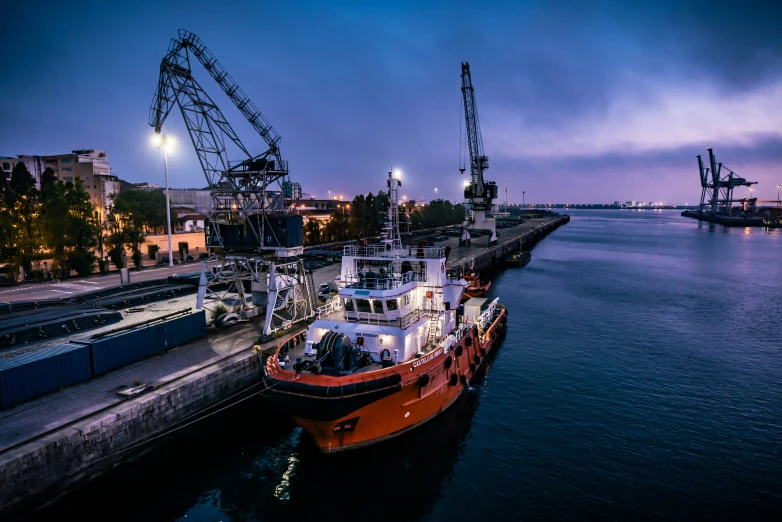 a large boat is docked in the water