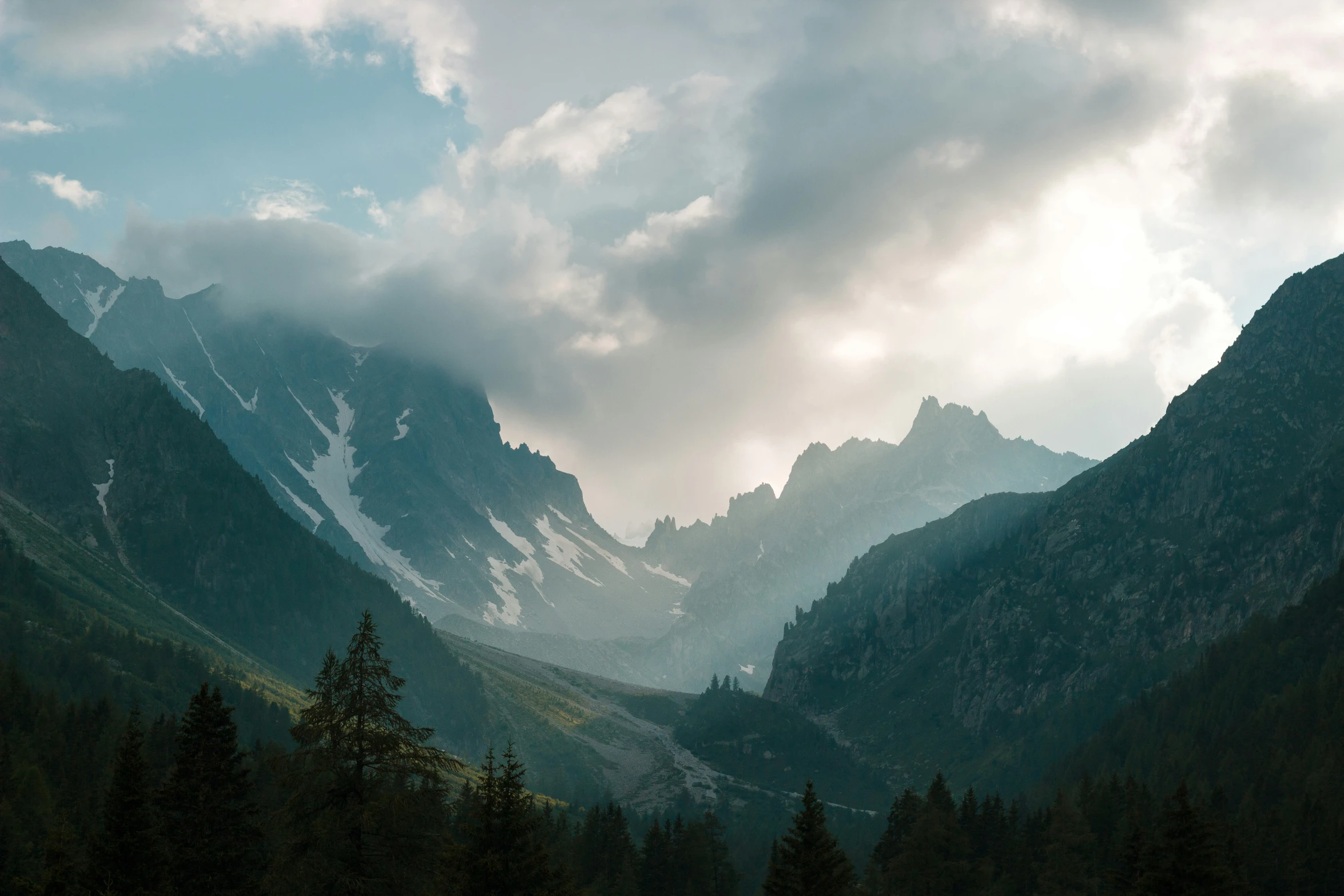 a mountain range covered in trees under cloudy skies