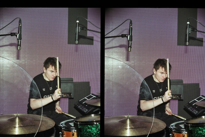 two pictures of a man playing drums in front of microphones