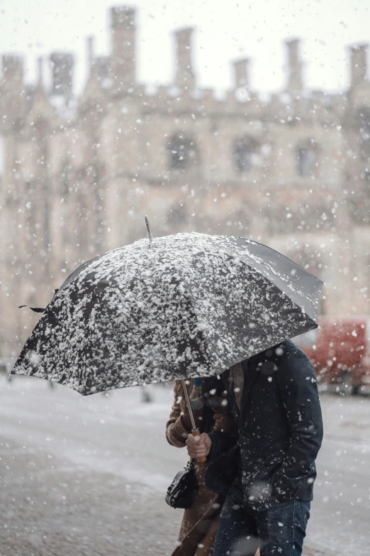 a man and woman are walking in the snow holding umbrellas