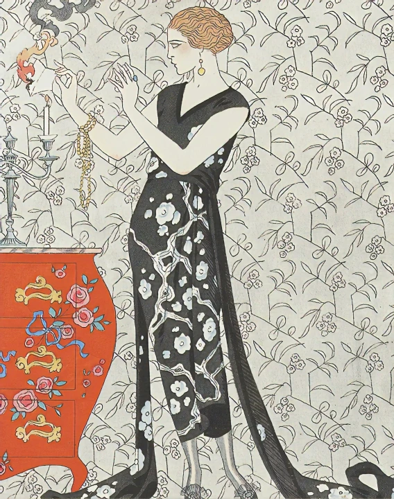 an illustration of a woman in black dress next to a vase