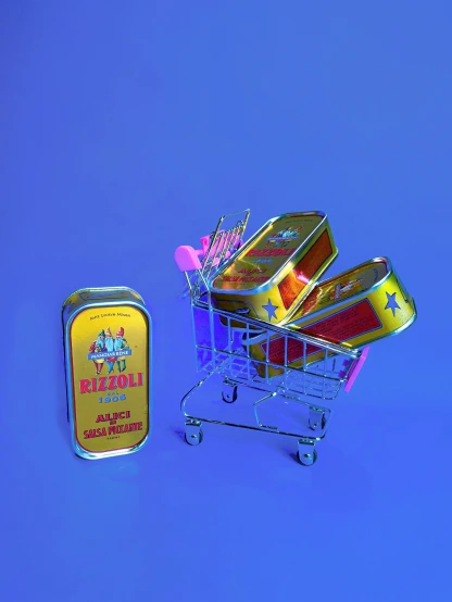 a shopping cart with metal tins in front of a tin can