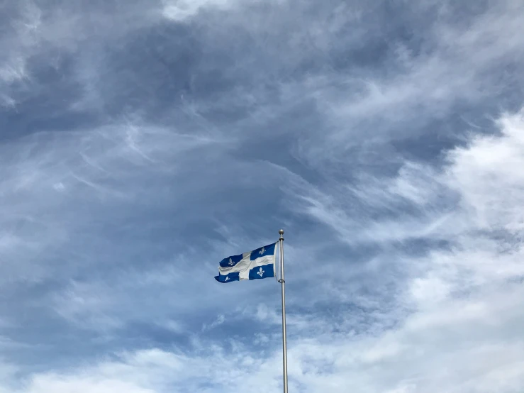 a flag and a flag pole are against the blue sky