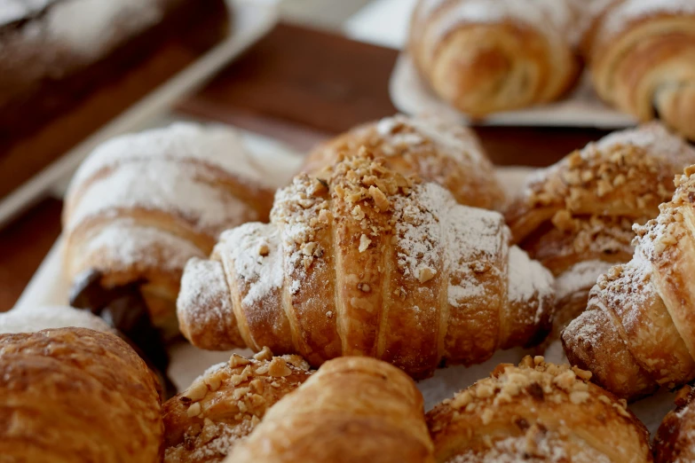 a close up of many pastries with powdered sugar on them