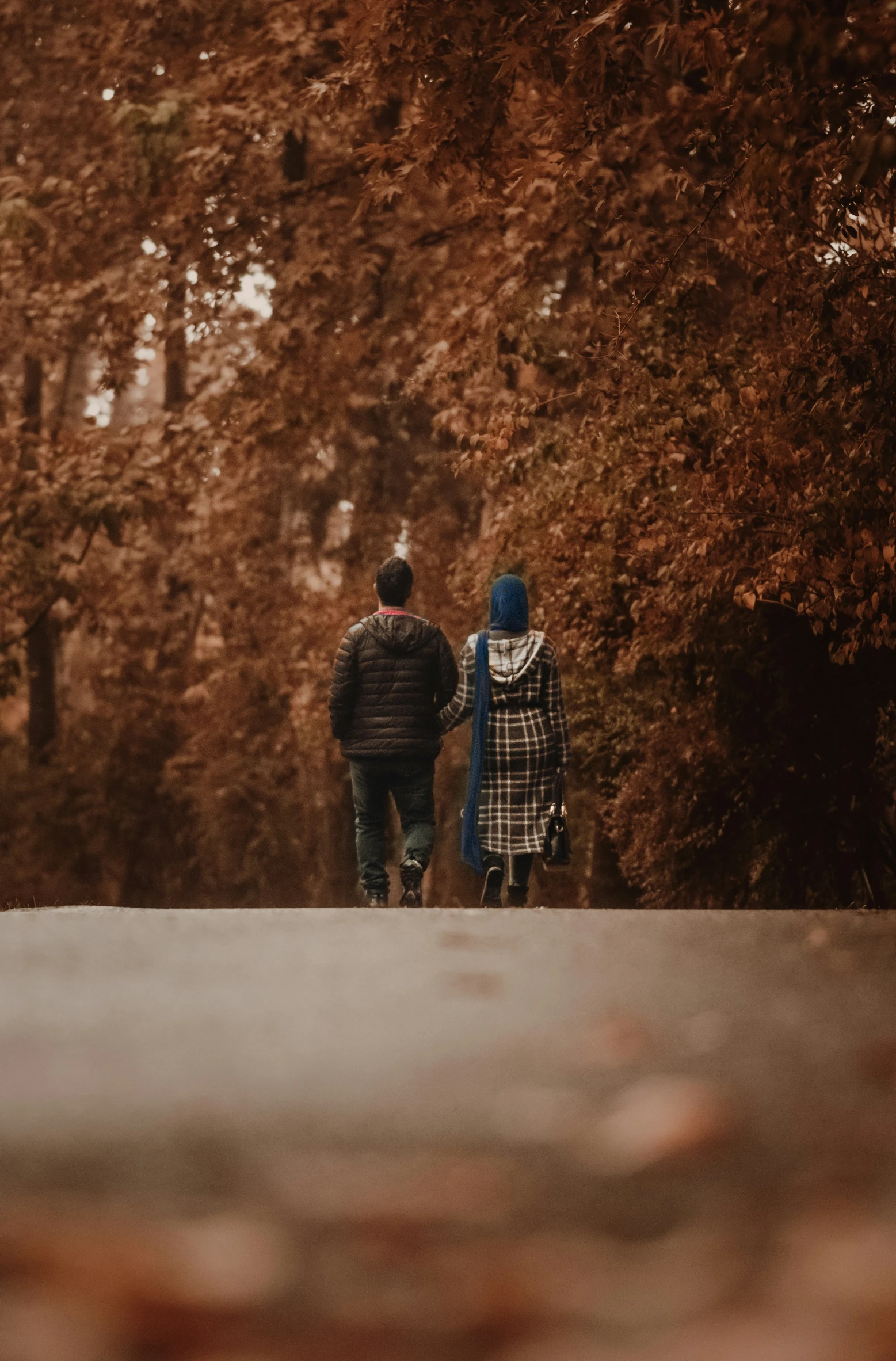 a couple is walking towards the woods holding hands