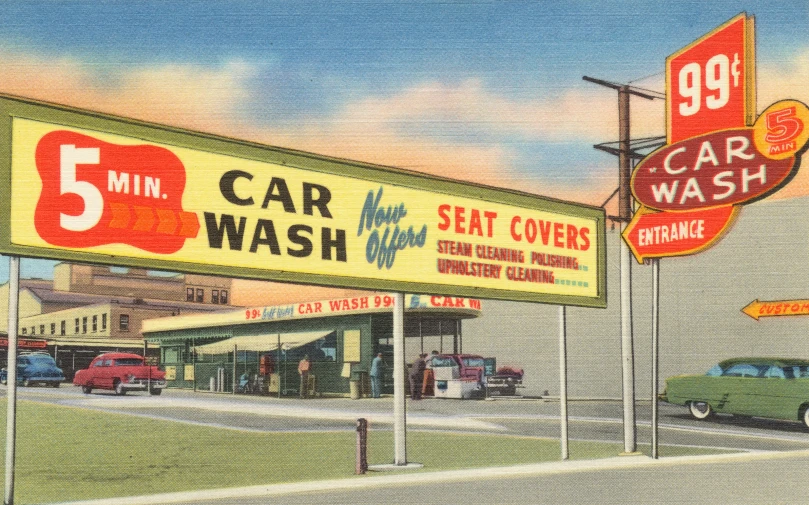 an old postcard showing cars and automobiles in a car wash