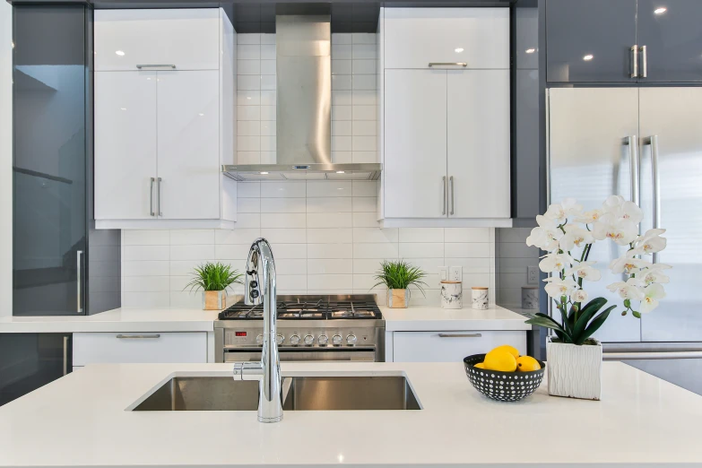 the clean white kitchen features all white cabinets