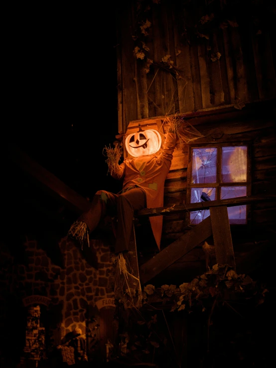 a scary pumpkin head that is on a house