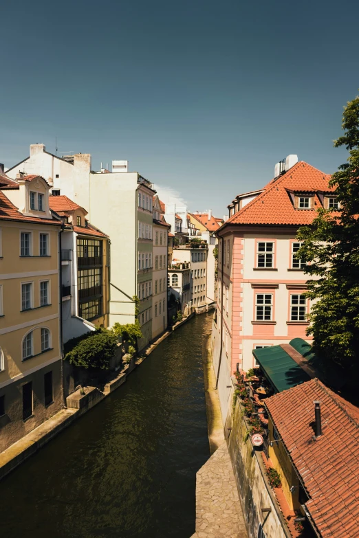 a narrow stream flows through a city area