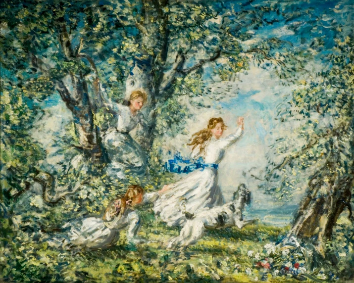 a painting of some people in a wooded setting