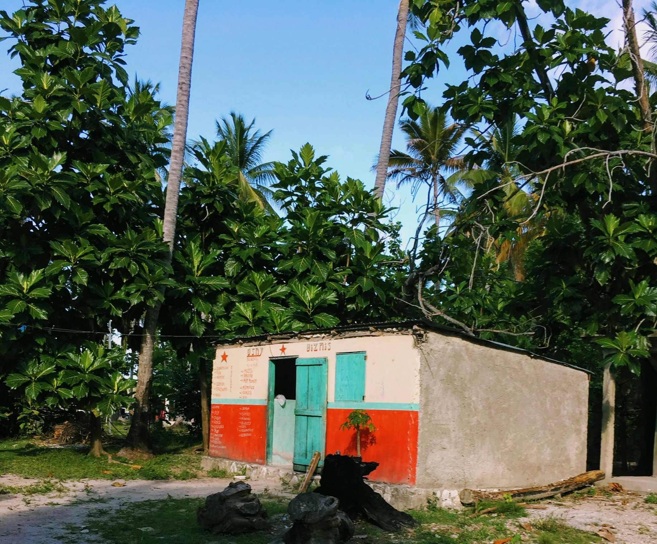 a colorful cabin sits in front of several trees