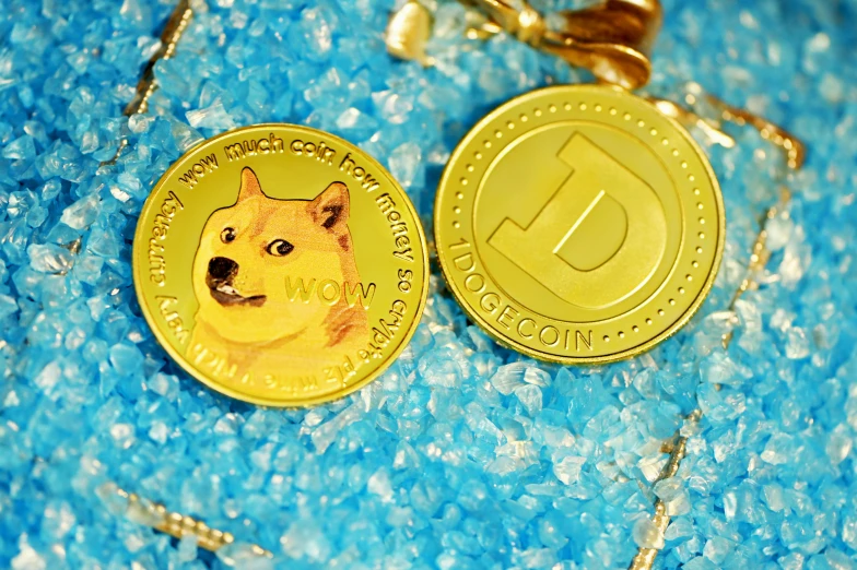 a doge coin sitting on top of a table next to a chain