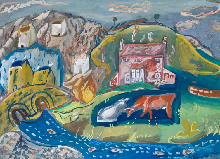 a painting shows a house and mountain in the background