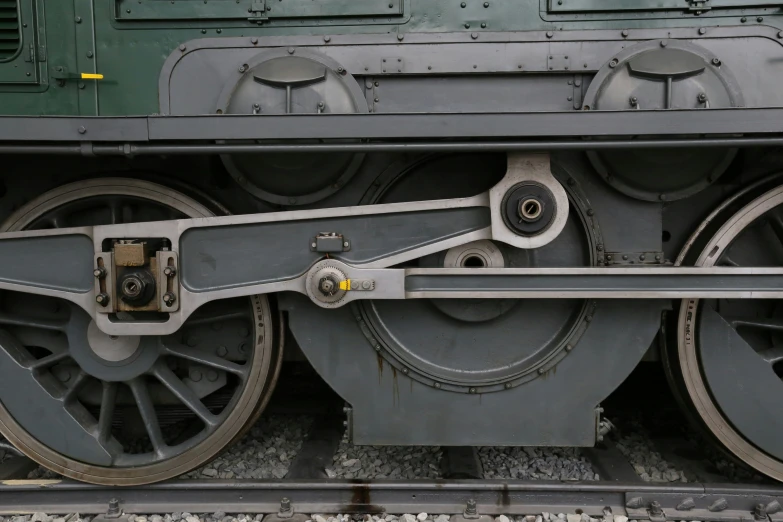 close up on the side of a train's wheels