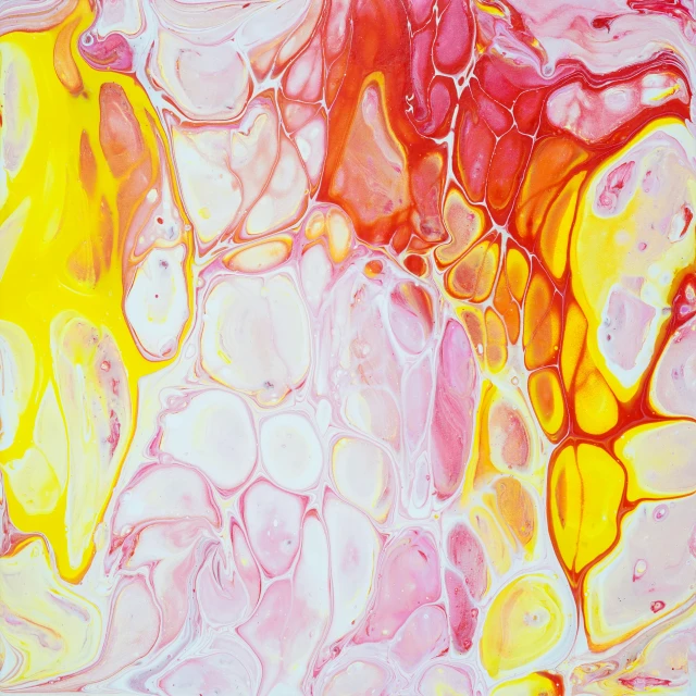 a painting of yellow and pink bubbles with a pink background