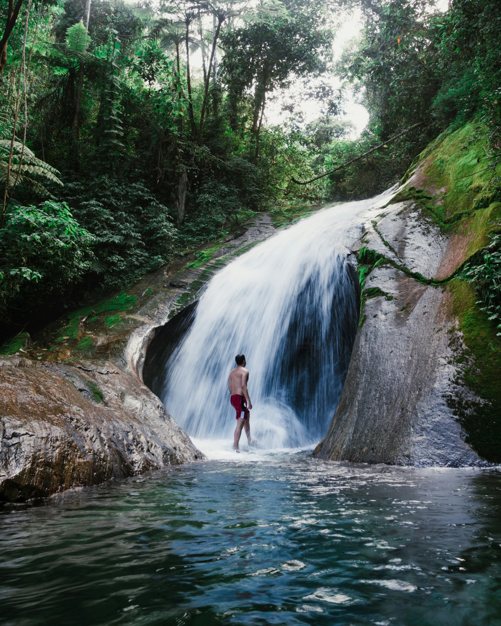 boy standing in front of water fall near forest