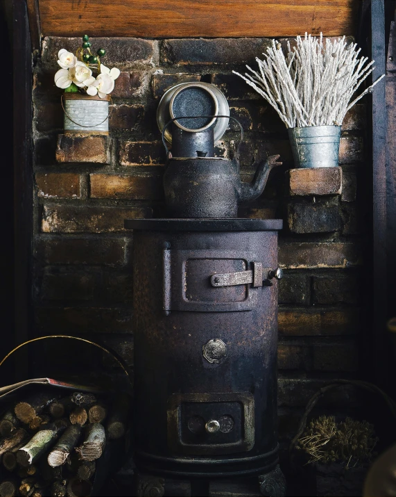 an old - fashioned black stove on a rustic ledge