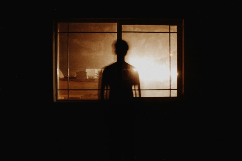 a person standing in a dark room in the shadows of a window