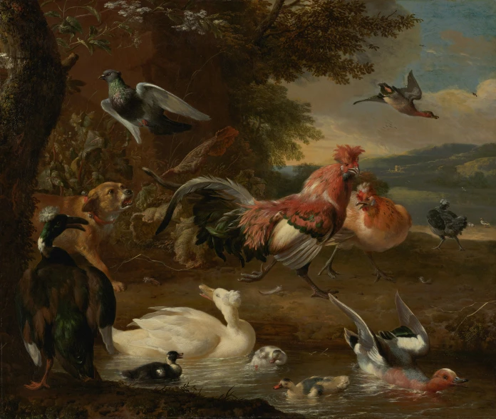 birds, deer, and geese are all depicted in a painting