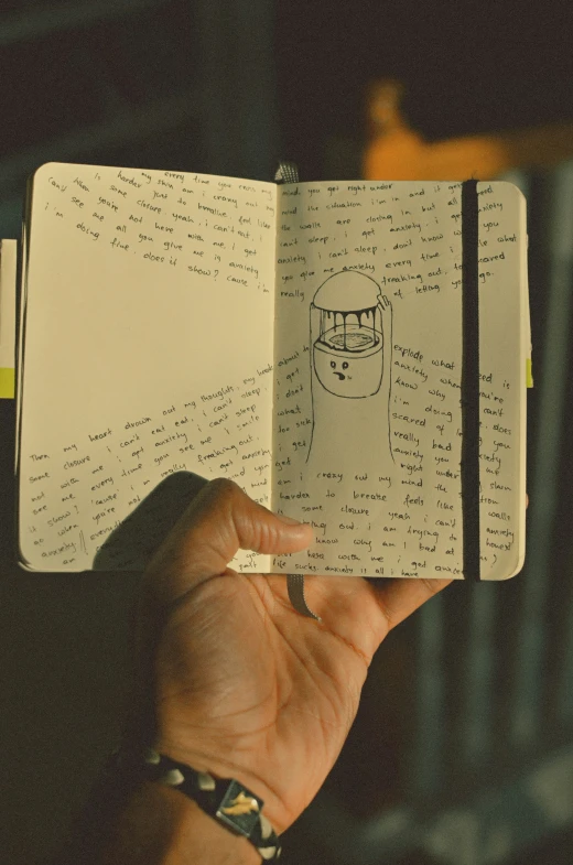 a hand holding up a notebook with a drawing