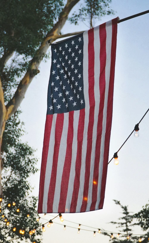 a flag hanging from a wire with lights behind it