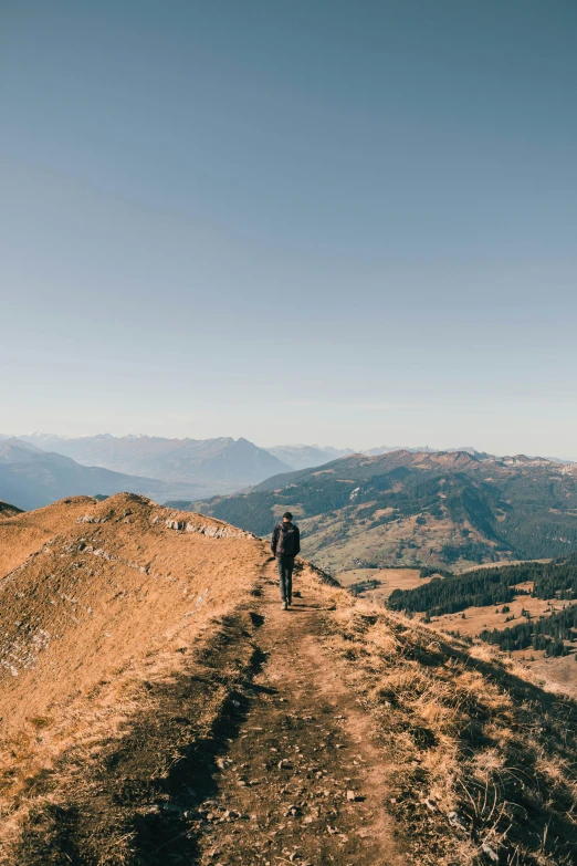 two people walk down the side of a dirt road