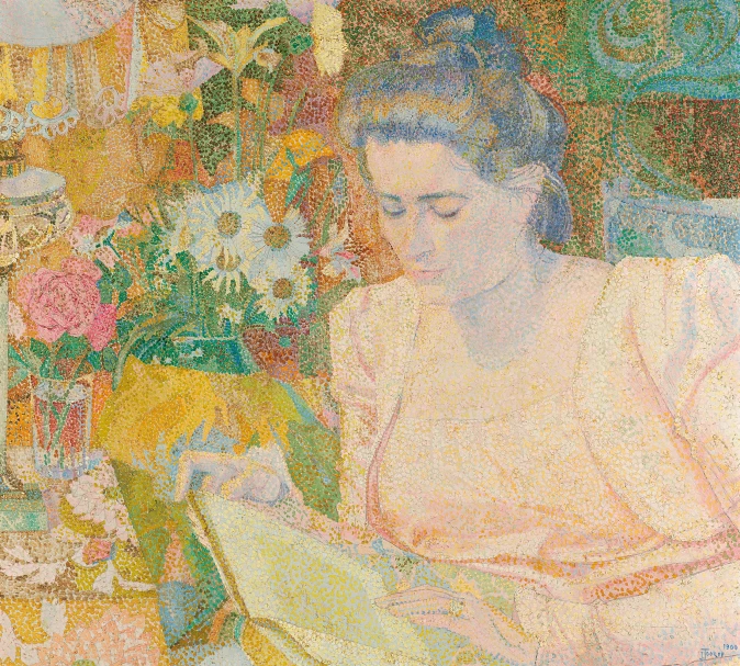 a painting of a woman reading and flower pot