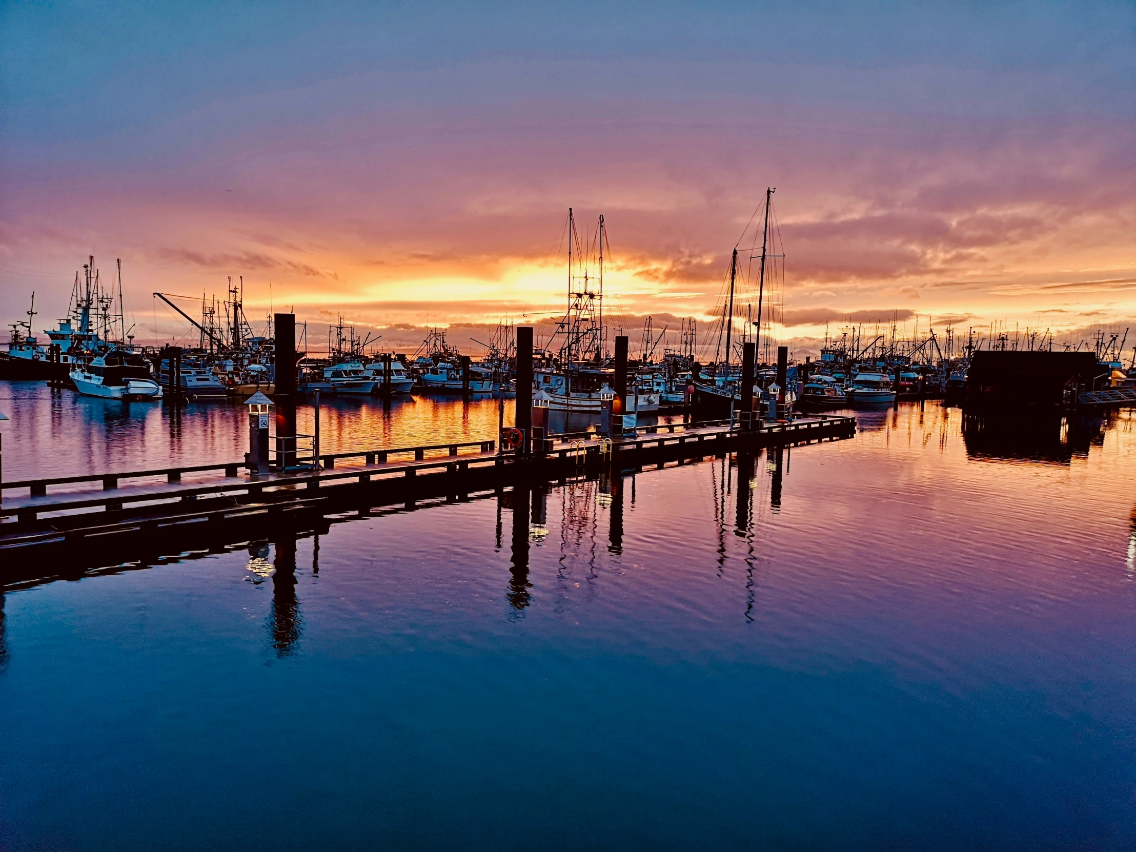 a harbor filled with lots of boats under a purple and blue sky