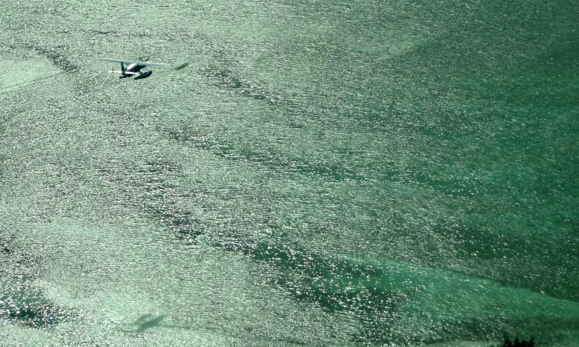 a plane flying over a lush green ocean